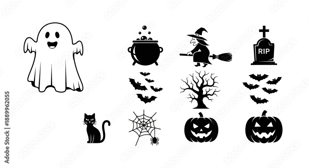 Obraz premium Set of Halloween Icons: Ghost, Witch, Pumpkin, Cat, Bats, Tombstone, Spiderweb