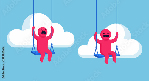 Two simplified red stick figures experiencing contrasting intense emotions while joyfully swinging high above fluffy white clouds against a bright blue sky