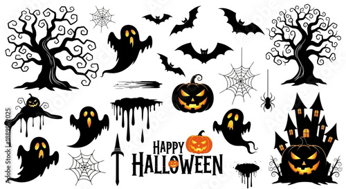 Spooky Halloween Icons Set: Ghosts, Bats, Haunted House, Pumpkins, and Scary Trees