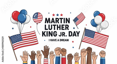 Martin Luther King Jr. Day Celebration with American Flags and Diverse Hands Raised