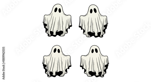 Four Cute Cartoon Ghosts on a White Background for Halloween Decorations