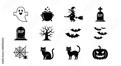 Halloween Icons Set: Ghost, Witch, Pumpkin, Bat, Cat, Tree, Tombstone, Spiderweb