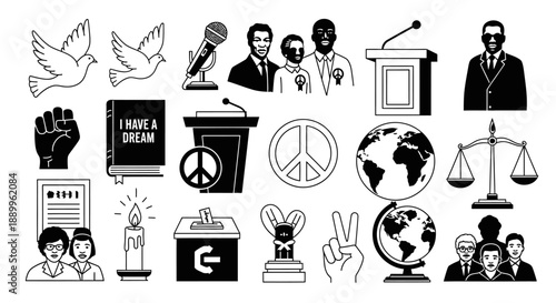 Civil Rights and Social Justice Icons Set: Peace, Equality, and Freedom Symbols