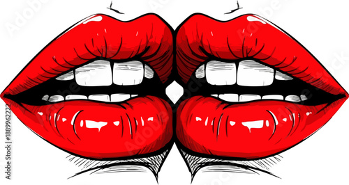 Striking symmetrical illustration of glossy bright red parted lips revealing perfect white teeth against a deep black background canvas