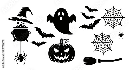 Halloween Icons Set: Witch Hat, Cauldron, Ghost, Bats, Pumpkin, Spiderweb, Broom