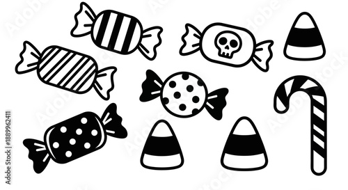 Assortment of Halloween Candies and Treats: Candy Corn, Lollipops, and Skull Candy