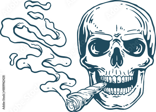 Hand-drawn Skull with Cigar Smoke, Vintage Tattoo Style, Vector Illustration