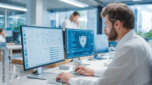 Wallpaper Mural A professional IT specialist works at a desk with monitors displaying security dashboards and data analytics. cybersecurity, data protection, network monitoring

 Torontodigital.ca