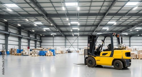 Forklift Truck in Large Warehouse Interior, Logistics Storage and Supply Chain Distribution Center, Industrial Transportation and Inventory Management Concept