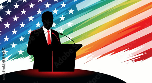 Silhouette of a Speaker at a Podium Against a Vibrant Rainbow Flag and Stars Background