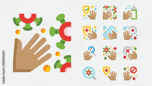 Hand virus protection and safety icons set