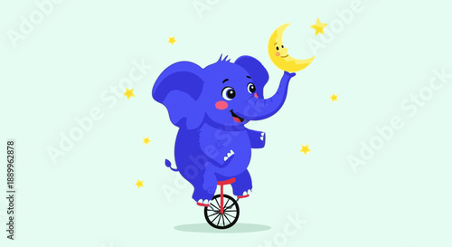 Adorable blue cartoon circus elephant skillfully riding a unicycle while happily holding a smiling crescent moon above its head.
