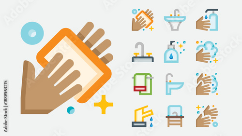 Hand washing and hygiene routine icons set