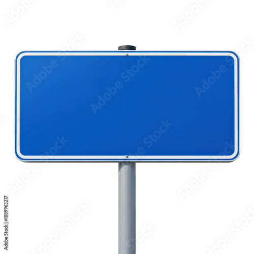 Blue road sign mockup with white border, blank metal street sign on pole, rectangular highway directional board for navigation and traffic information isolated on Transparent Background