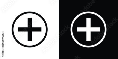 Plus sign icon inside a circle in black and white. Universal add button symbol for medical cross, positive increase, or creating new files in user interface design. Simple vector.