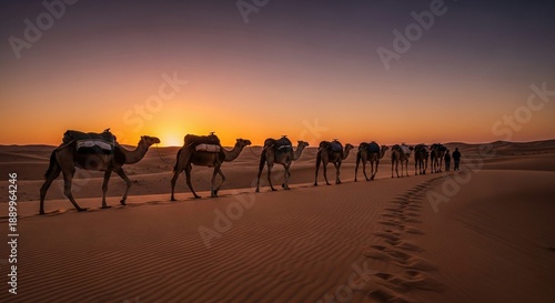Caravan of camels walking through the desert at sunset.