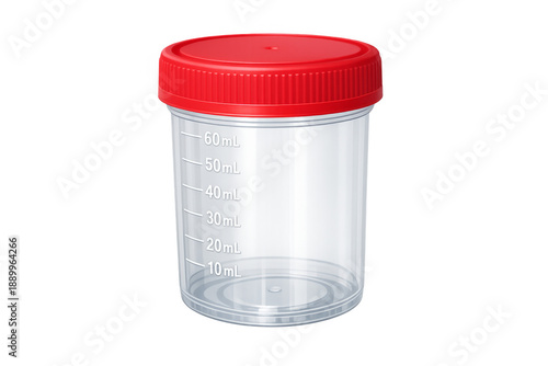 Clear medical specimen cup with red cap