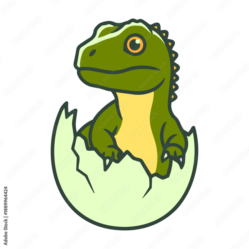 Obraz premium Cute Green Baby Dinosaur Character Hatching From a Cracked Egg Illustration