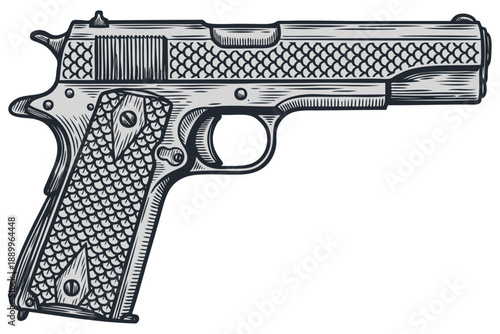 Classic semi-automatic pistol in a vintage engraving style. Detailed firearm illustration for crime, military or self-defense concepts. Vector graphic.