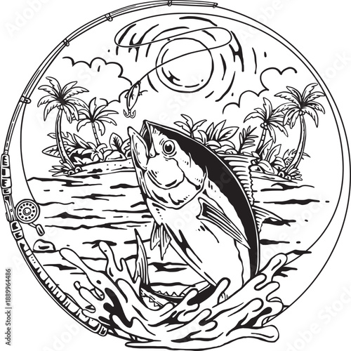 Hand-Drawn Tuna Fish Jumping with Fishing Rod, Tropical Beach Scene, Black and White Vector Art