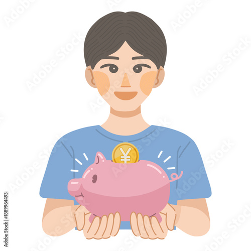 豚の貯金箱を笑顔で持つ、男性のイラスト