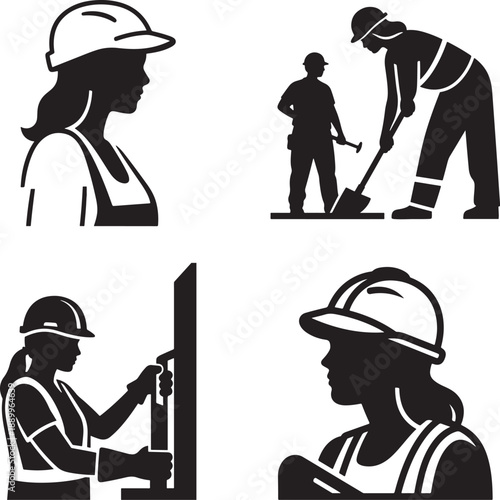 Empowered Women in Manual Labor and Skilled Trades Icons: Silhouettes of Female Construction Workers, Engineers, and Handiwork Professionals