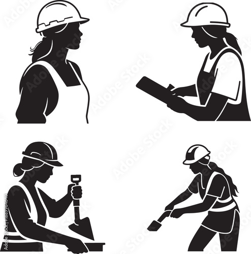Empowered Women in Manual Labor and Skilled Trades Icons: Silhouettes of Female Construction Workers, Engineers, and Handiwork Professionals