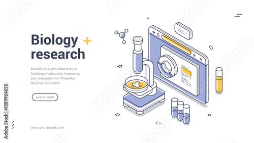 Biology research web banner. Isometric template for a landing page on science and laboratory analysis. Vector illustration with microscope and test tubes for medical and chemical innovation