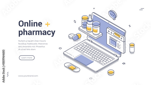 Online pharmacy web banner. Isometric template for a landing page on e-commerce medicine. Vector illustration with laptop and pills for a healthcare service or drugstore app