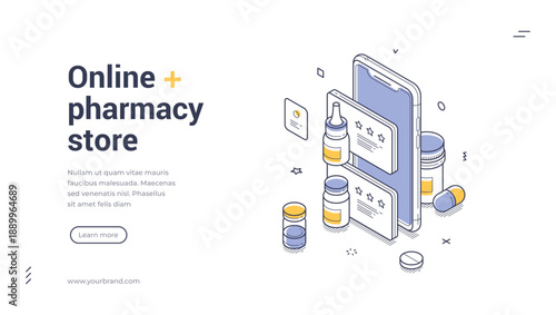 Online pharmacy web banner. Isometric template for a mobile drugstore app. Vector illustration with smartphone and pills for a digital health service or online shop landing page