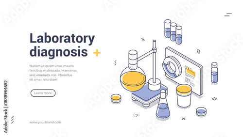Laboratory diagnosis web banner. Isometric template for medical research. Vector illustration with lab equipment like flasks and test tubes for a modern science or healthcare landing page