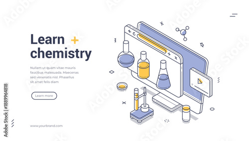Learn chemistry web banner. Isometric template for online education. Vector illustration with computer, flasks, and lab equipment for a modern landing page for a science course or school