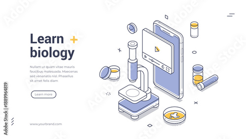 Learn biology web banner. Isometric template for online education. Vector illustration with a smartphone and microscope for a modern landing page design for a science course or mobile app