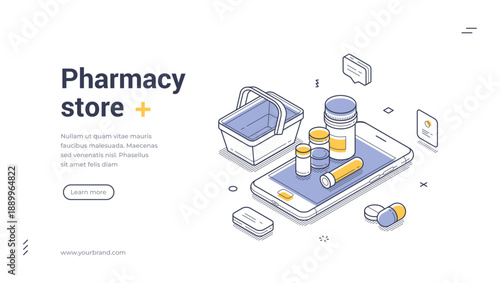 Online pharmacy store web banner. Isometric vector illustration template for a healthcare mobile app. Modern landing page with a smartphone, shopping basket, and medicine for e-commerce