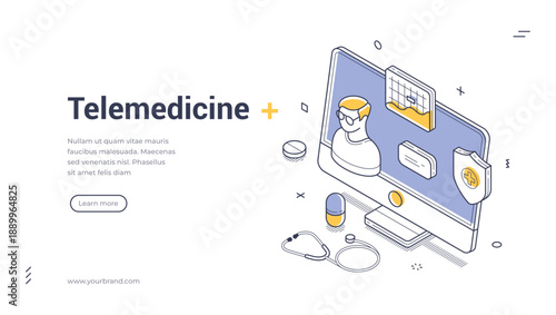 Telemedicine web banner. Isometric vector illustration template for online doctor consultation. Modern landing page with computer, stethoscope, and medical icons for a virtual healthcare service