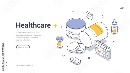 Healthcare and medicine web banner. Isometric vector illustration template for a medical landing page. Modern design with pills, calendar, and drugs for treatment scheduling and health management