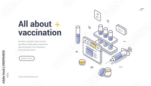 All about vaccination web banner. Isometric vector illustration template for a medical landing page. Modern design with syringe and test tubes for immunization and healthcare information online