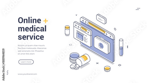 Online medical service web banner. Isometric vector illustration template for a healthcare website. Modern landing page with a browser window, first-aid kit, and medicine for digital health services