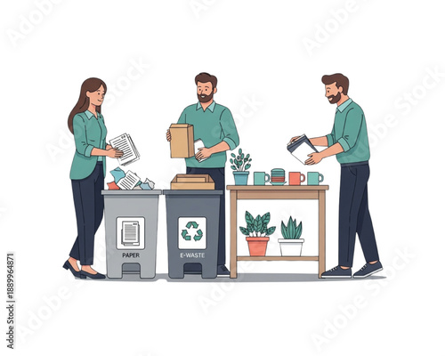 Office Recycling Culture Vector. Business People Sorting Paper and E-Waste in Workplace. Corporate Sustainability, Green Teamwork, and Eco Friendly Environment Flat Illustration.
