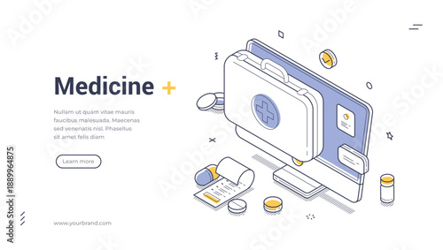 Online medicine and pharmacy web banner. Isometric vector illustration template for a healthcare landing page. Modern design with computer, first aid kit, and pills for digital health services
