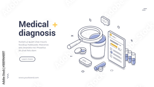 Medical diagnosis web banner. Isometric vector illustration template for a healthcare landing page. Modern design with magnifying glass and test tubes for online health analysis and research