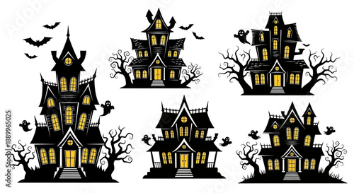 Spooky Haunted Mansions with Bats and Ghosts, Halloween Vector Graphics Set