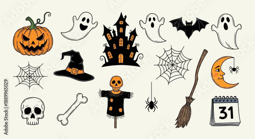 Spooky Halloween Icons: Ghosts, Pumpkin, Castle, Bat, Spider, Witch Hat & More