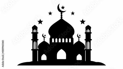 Elegant mosque silhouette with crescent moon and stars