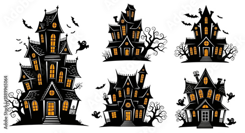 Spooky Haunted Houses Collection with Bats and Ghosts for Halloween