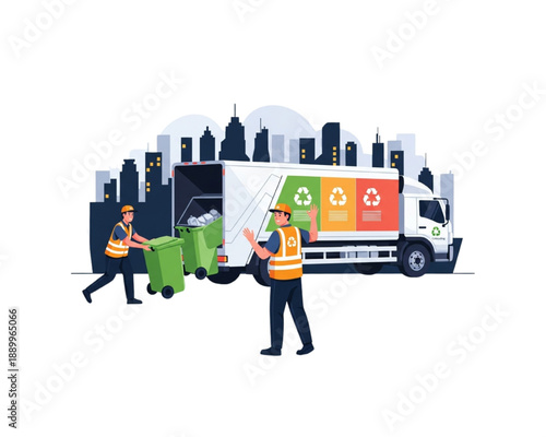 Urban Recycling Service Vector. Sanitation Workers Loading Waste Bins into Garbage Truck with City Skyline. Municipal Waste Collection and Management Flat Illustration.