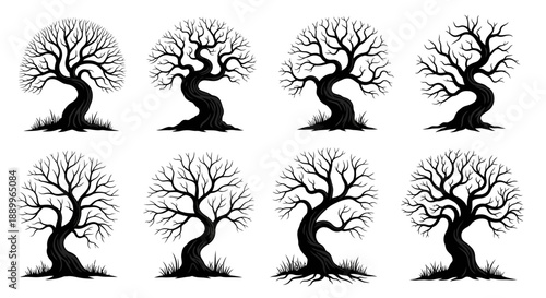 Collection of Eight Stylized Bare Trees Silhouette with Twisted Trunks and Grass Details