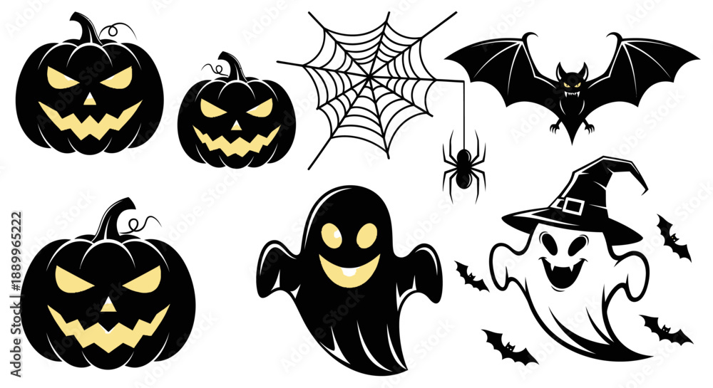 Obraz premium Collection of Spooky Halloween Icons: Pumpkins, Ghosts, Bats, Spiderweb, and Spider