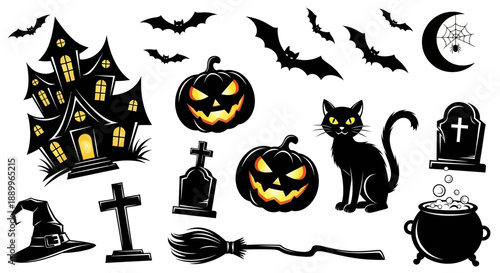 Collection of Spooky Halloween Symbols: Haunted House, Pumpkins, Bats, Cat, and Witchcraft Elements