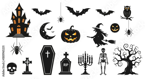 Collection of Classic Halloween Themed Vector Illustrations for Spooky Holiday Designs
